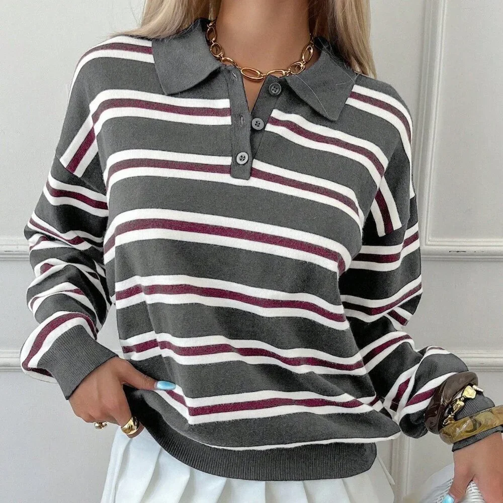 Dark Grey Women's Striped collar knit Sweater top